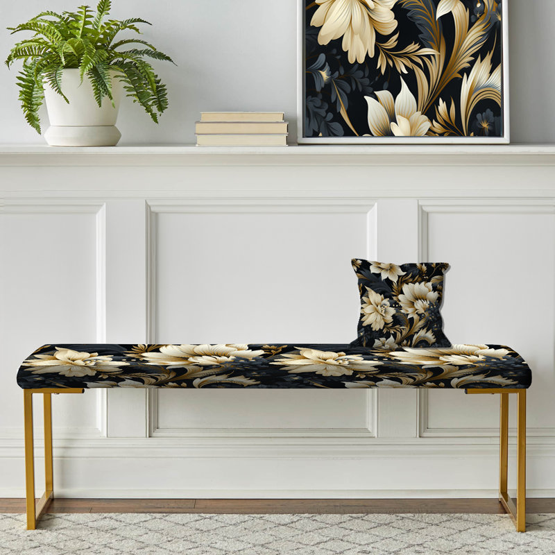 Dark Beige Flower Damask Breeze II - Damask Upholstered Gold Bench