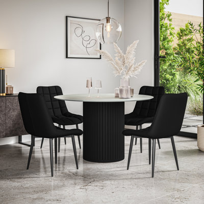 Arlo Walnut Table Top W Walnut Legs + Nova Faux Leather Dining Chair Black Set Of 4