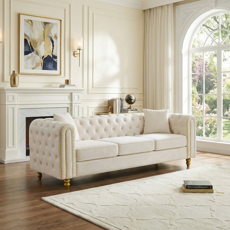 3-Seater Velvet Sofa, Chesterfield Upholstered Couch With Rolled Arms, Gold Trim & Solid Wood Legs, Removable Cushions For Living Room