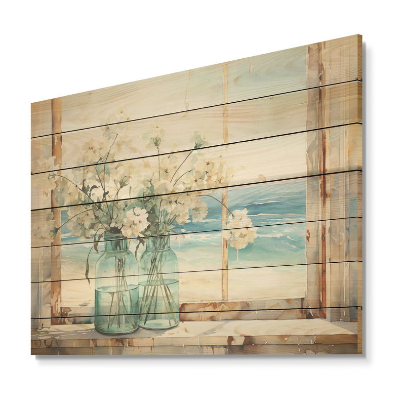 Blue Window Beachfront View Blooms I - Coastal Windows On Wood Print, 10" H x 20" W x 0.78" D