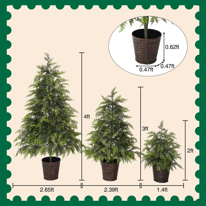 Ensemble de 3 sapins de Noël pré-illuminés de 60 cm, 90 cm et 120 cm avec lumières chaudes, pot robuste et branches retombantes pour une décoration de Noël à plusieurs niveaux