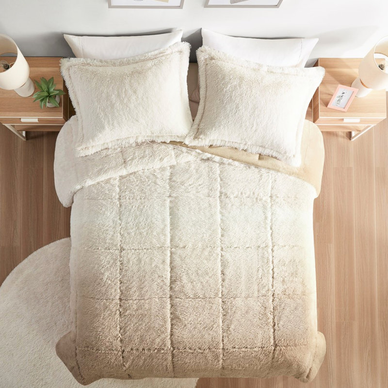 Édredon grand format en fourrure à poils longs ombré - rembourré, faux revers en vison chaud, comprend 2 taies décoratives douillettes et rembourrées douces