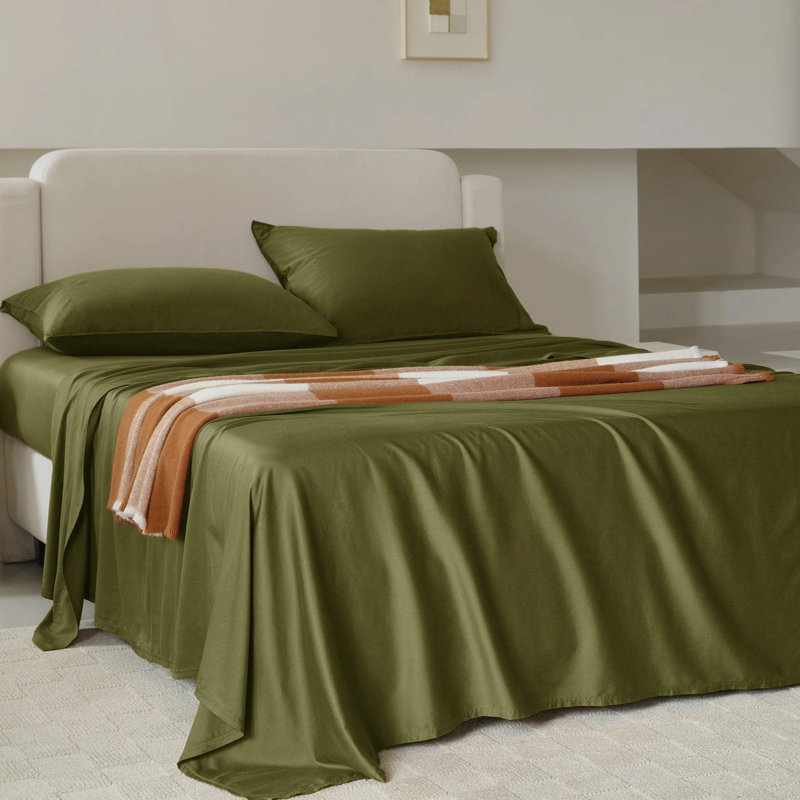 Drap de coton Tencel double couture uni 4 pièces , Bleu Windward, Ensemble de draps pour grand lit