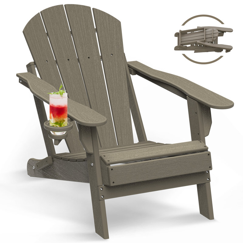 HDPE Folding Outdoor Adirondack Chair With Cup Holder, Wood