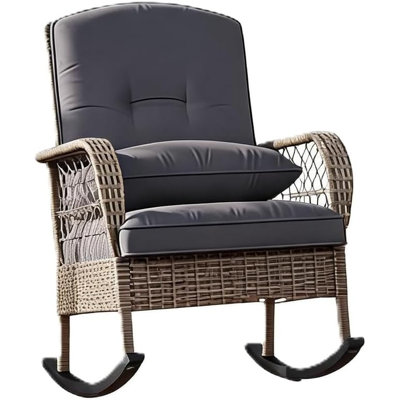 Fauteuil à bascule d'extérieur en résine tressée avec coussins – Supporte jusqu'à 159 kg, robuste, avec dossier haut, idéal pour terrasse, véranda, jardin, cour, pelouse et piscine, gris.