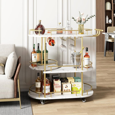 Gold Bar Carts with 4-Tiers Storage Shelves,Mobile Bar Seving Carts on Wheels with Wine Rack and Glass Holder for Kitchen, Living Room, Dining Room by Everly Quinn