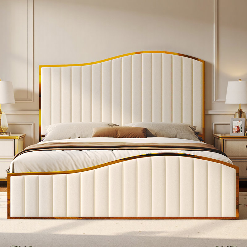 Callisburg Upholstered King Bed Frame with Harp Headboard & Footboard, Cream, King, Cream