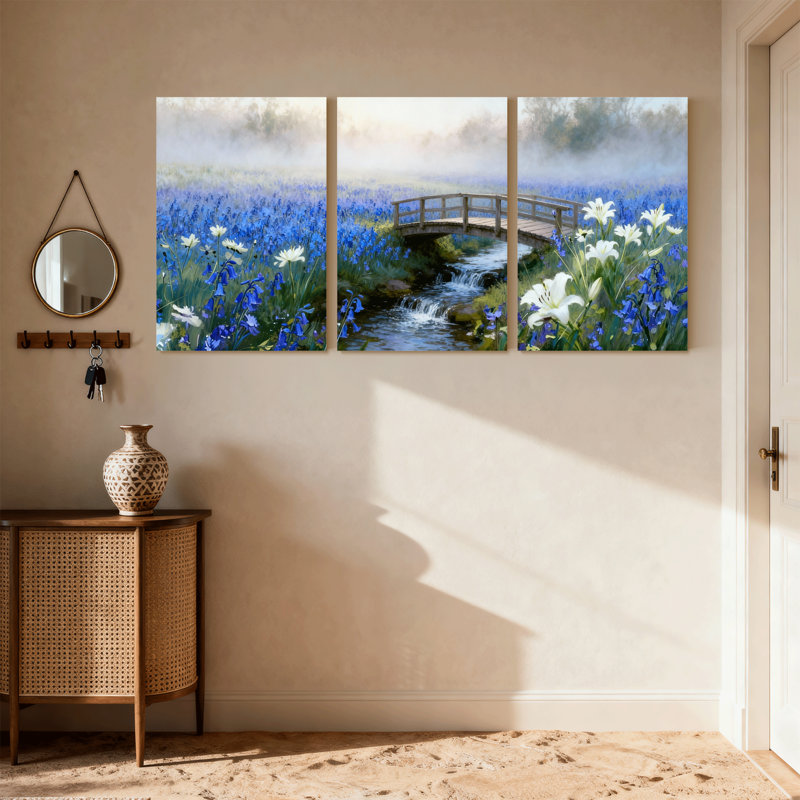 Assortiment de bouquets de fleurs bleues, pont, ruisseau, paysage brumeux, ensemble de 3 impressions sur toile