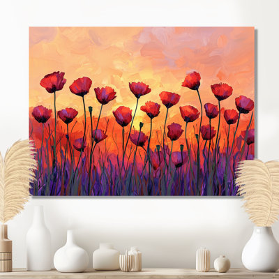 «Sunset Hues Poppies Field I» - décoration murale en métal à motif floral, coquelicots
