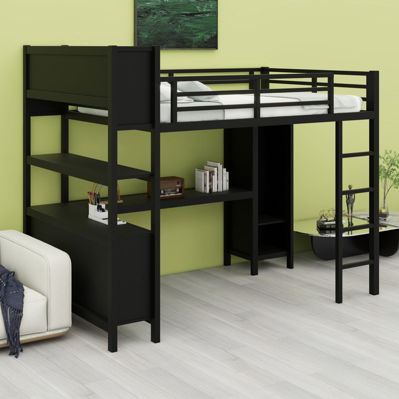 Lit mezzanine en métal avec garde-robe et bureau en L, avec cubes de rangement et tablettes, Noir
