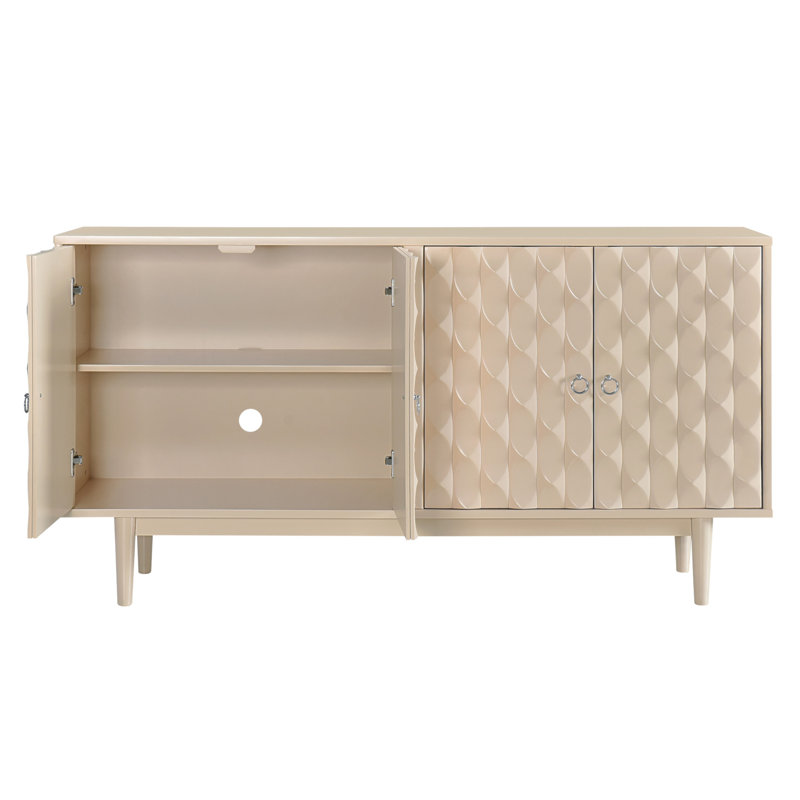 Buffet moderne à 4 portes avec portes à motif convexe et 2 poignées argentées pour un rangement et une décoration polyvalents
