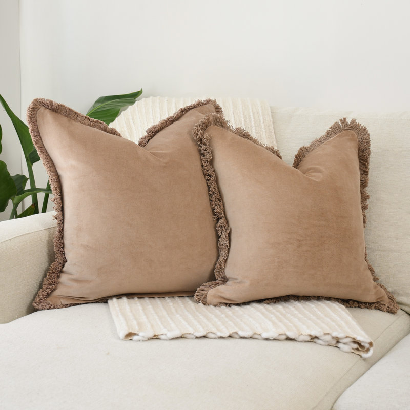 Velours taupe à franges, Carré 20 po, Taupe