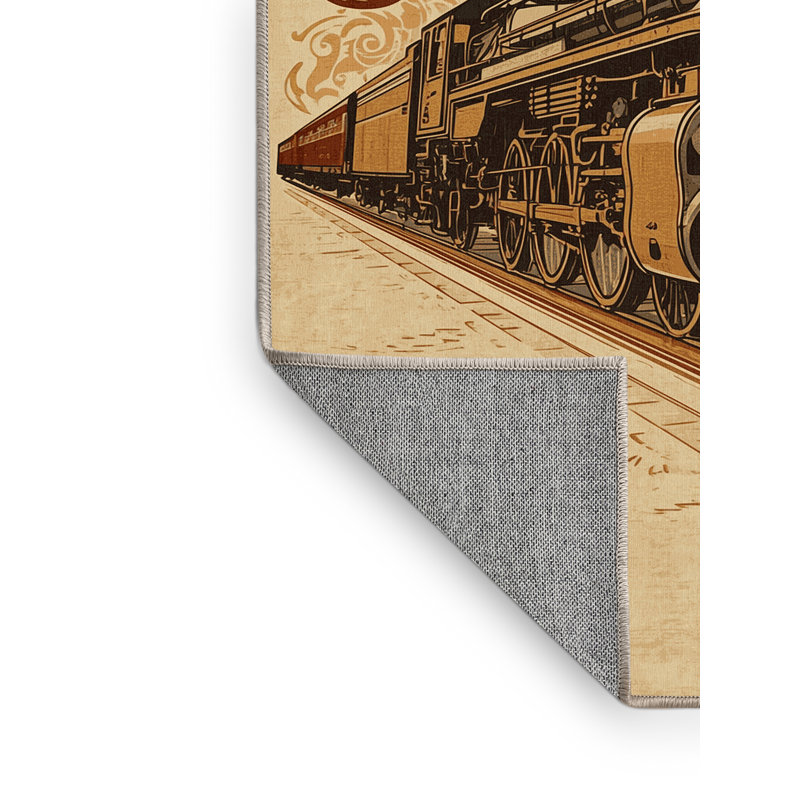 Tapis lavable à la machine à motif train rétro de style locomotive à vapeur en brun - reliure beige, 7 x 9