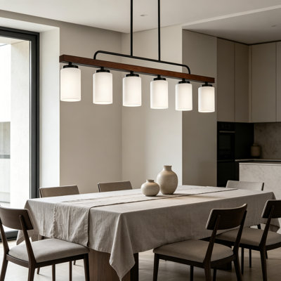 Farmhouse Dining Room Light Fixture Over Table, Black 6-Light Wood Kitchen Island Lighting With Milk White Glass, Industrial Linear Chandelier Pendant Lights