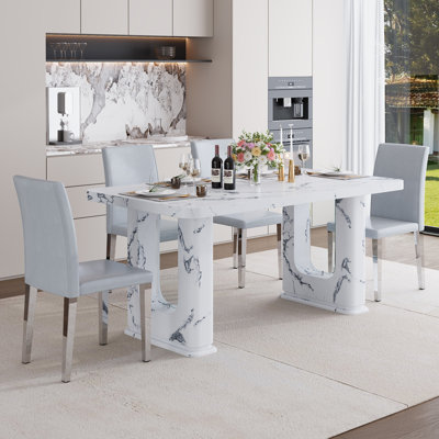 64.5" Modern Faux Marble Dining Table Set With Glass Decor