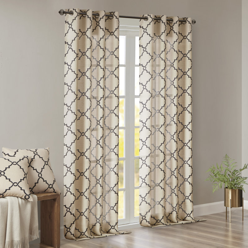 Saratoga Fretwork Print Grommet Top Single 50x95" Window Curtain Panel, 50" W x 95" L, Khaki/Black