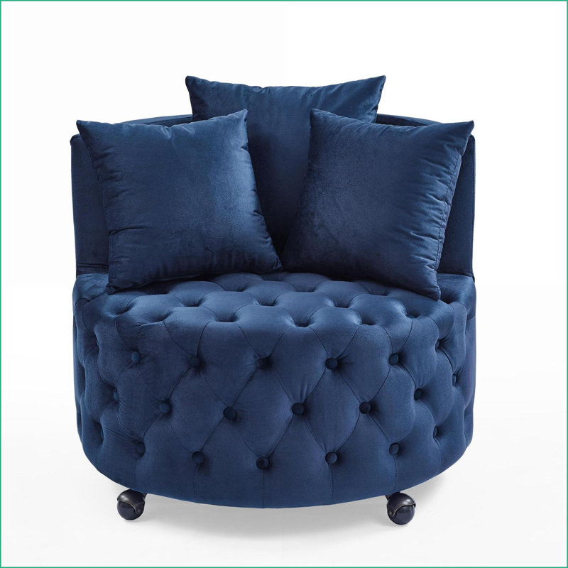 Fauteuil d'appoint pivotant en velours avec capitonnage, 4 roulettes et 3 coussins pour le salon | Bleu | Coussin en mousse