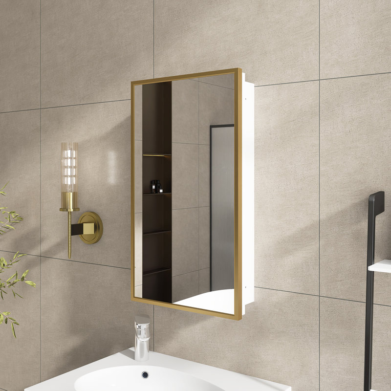 16 In. W X 28 In. H Wall-Mounted Or Recessed Gold Framed Storage Bathroom Medicine Cabinet With Mirror