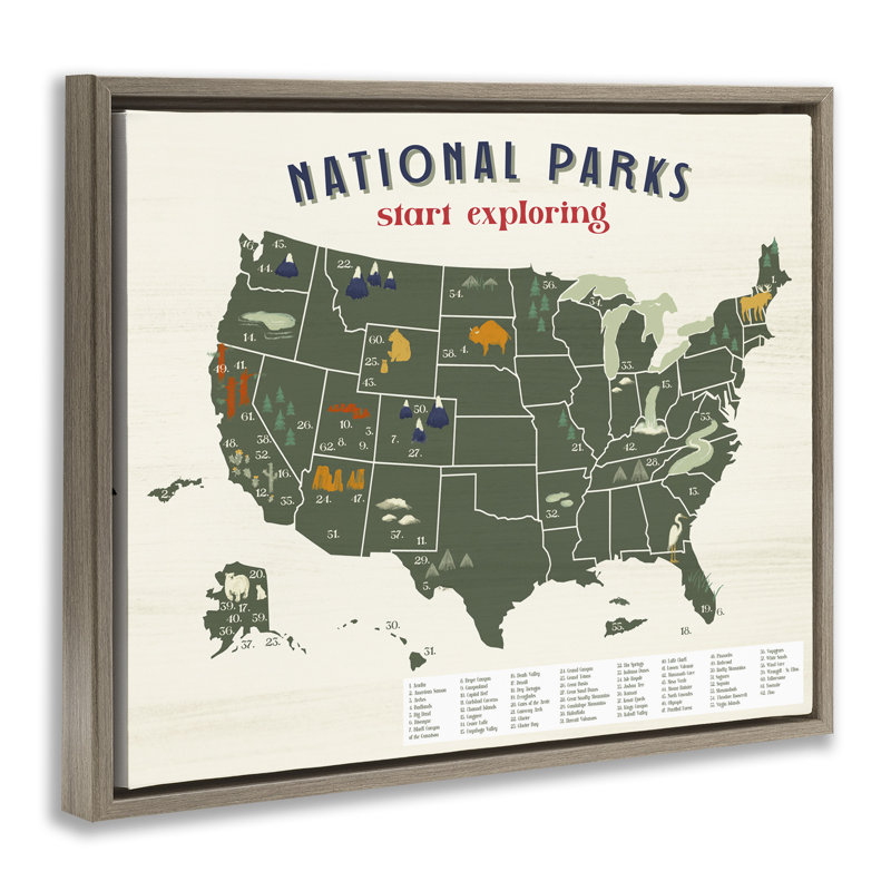 "National Parks Map Diagram Brown Grain", art mural sur toile flottante par Daphne Polselli, Cadre flottant orme Montalcino