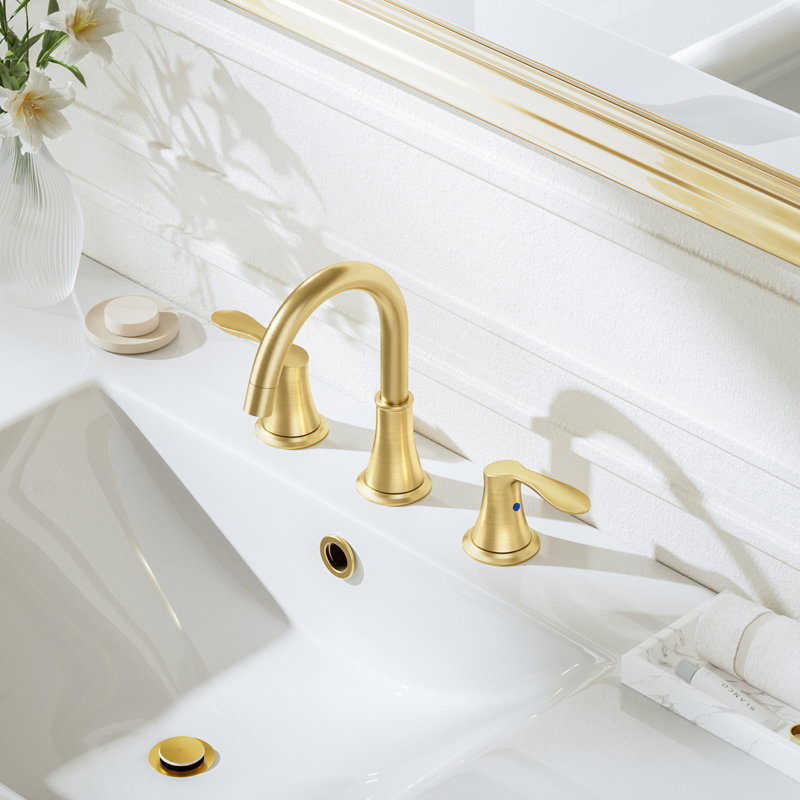 Brushed Gold Bathroom Faucet - 8 Inch Widespread With Pull-Out Sprayer, Lead-Free Stainless Steel, Metal Pop-Up Drain, Water Supply Lines, 2 Handles