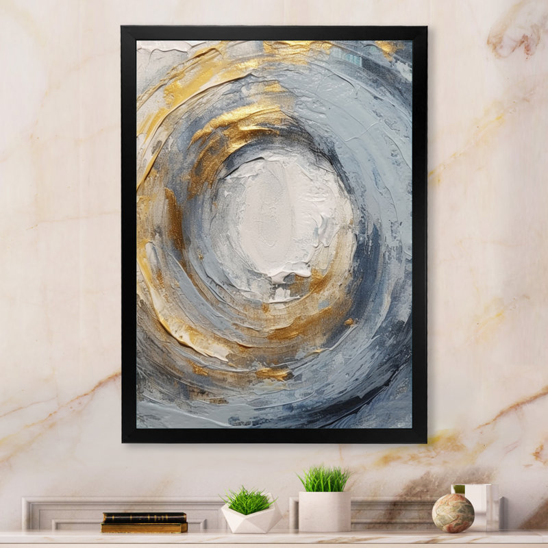 «Gold and Blue Vibrant Spirals IV - Abstract Spirals», art mural encadré, H 32 po x l 24 po, Cadre photo unique, Noir