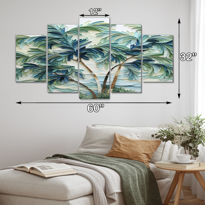 «Green Minimalims Palm Trees» - impression sur toile de palmiers - 5 panneaux