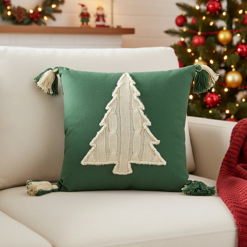 Coussin 18 po en coton vert et ivoire avec pampilles