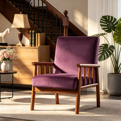 25" Wide Mid-Century Modern Armchair, Black Velvet Accent Chair with Solid Wood Frame & Thick Padded Seat, Padded Armrests for Living Room Office Reading – Easy Assembly