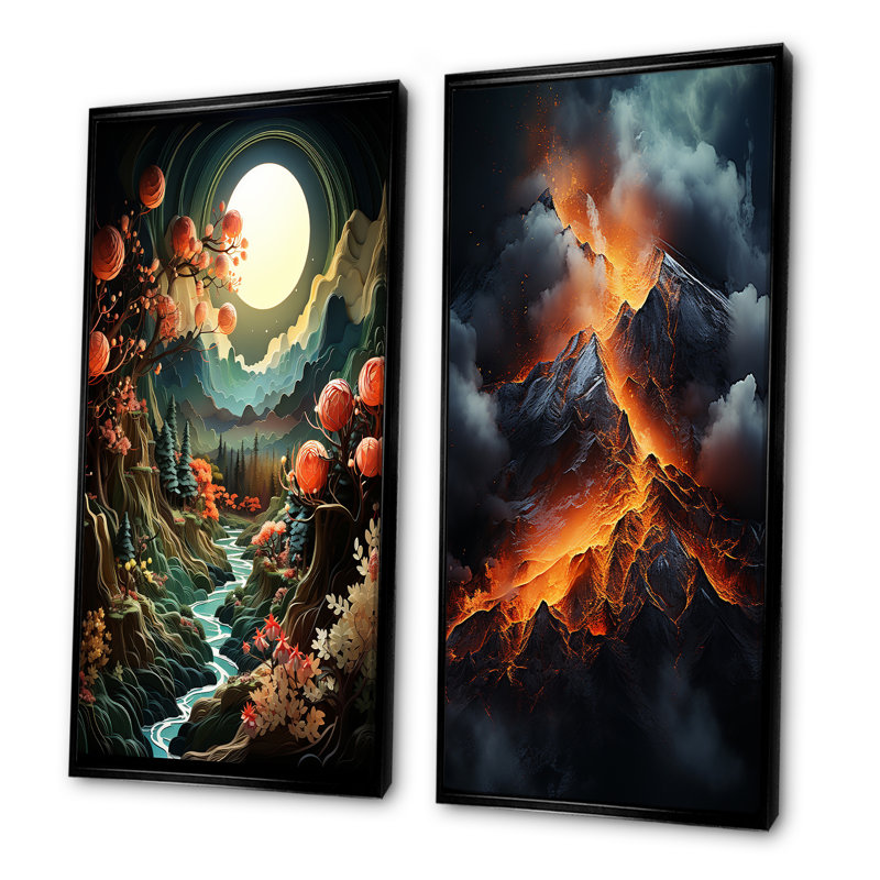 Volcan volcanique sauvage - paysage, ensemble de 2 impressions sur toile, Cadre flottant noir, H 40 po x l 41 po