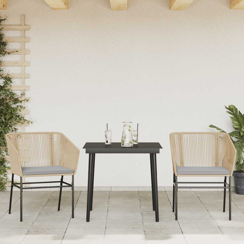 Ensemble repas de patio avec coussins en verre et poly rotin, H 29,1 po x l 31,5 po x L 31,5 po, 2, Gris / Brun