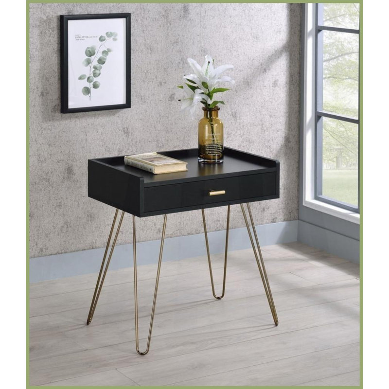 Table basse de style Mid-Century noir avec pieds en épingle à cheveux en cuivre, rangement de tiroir et amp; Plateau en panneau de fibres à densité moyenne facile à nettoyer