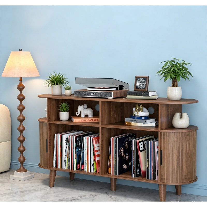 Large Round Record Player Stand with Charging Station USB Ports, Mid Century Turntable Storage Cabinet, Walnut