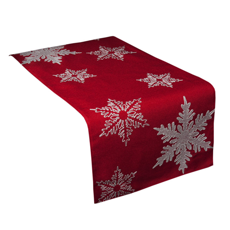 Snowflake Embroidered Christmas Table Runner, 36" L x 16" W, Red