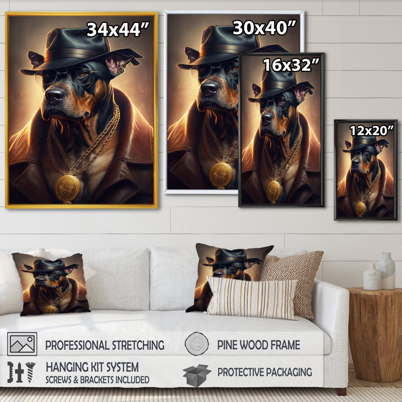 «Mafia Dog III», impression sur toile, H 40 po x l 30 po x P 1,5 po, Toile avec cadre flottant or