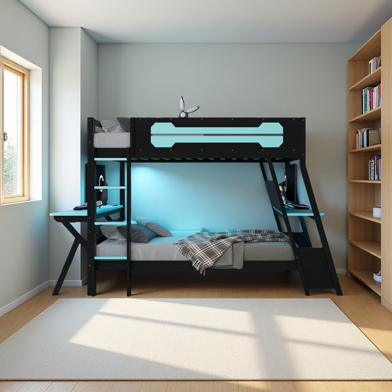 Lit superposé avec deux bureaux de jeu intégrés, Lit superposé double sur double, Bleu