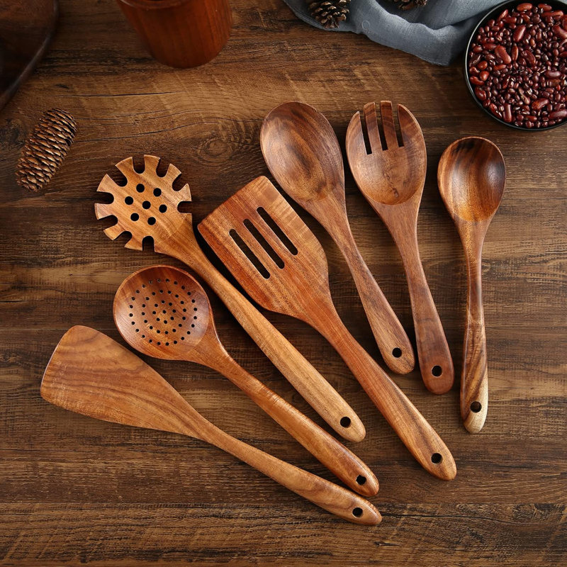 Ensemble d'ustensiles de cuisine 8 pièces en bois de teck naturel avec baril de rangement pour batterie de cuisine antiadhésive