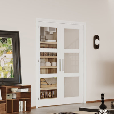 Slab Double Doors-3 Lite Clear Glass MDF Interior Doors In White, Paintable Finish (Handle, Hinges, Latch & Lock Set Included)