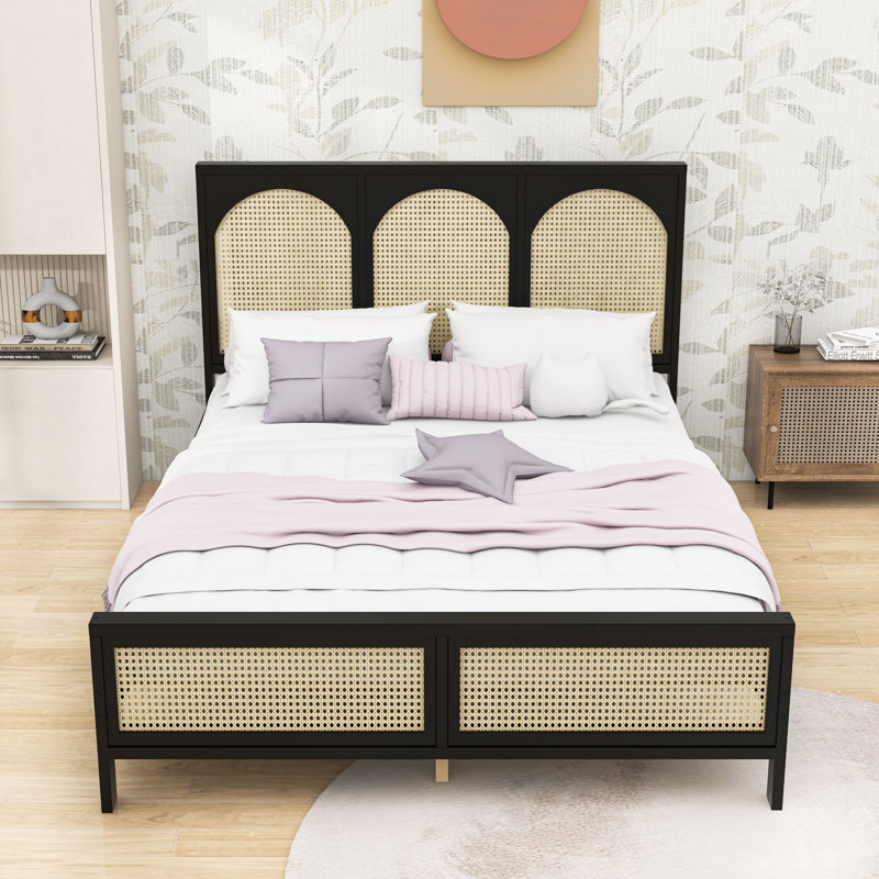 Lit plateforme en bois avec rangement et tête de lit robustes, Noir / Beige, Grand lit