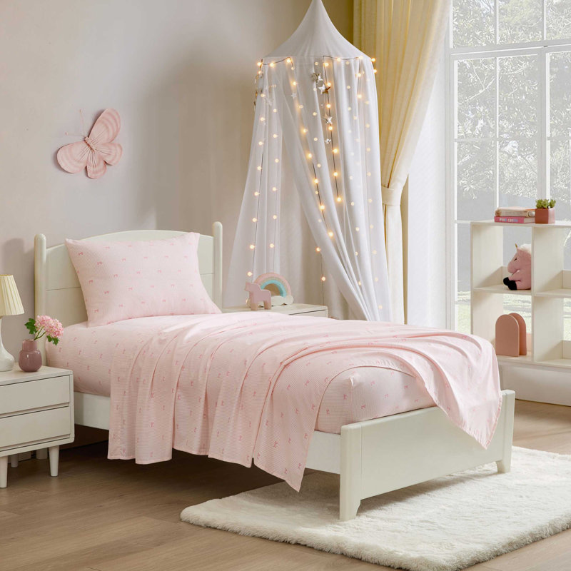 Laura Ashley Kids Cozy Printed Sheet Sets, Queen Sheet Set with 2 Pillowcases, Tiny Bows Pink
