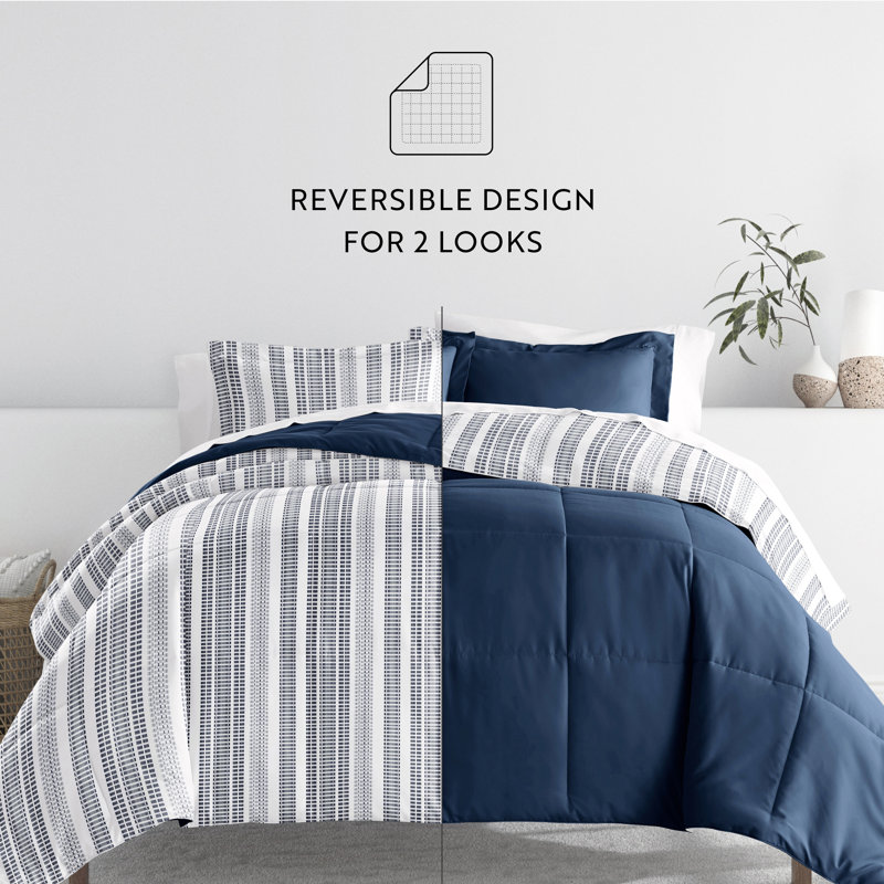 Full Navy Striped Microfiber Down Alternative Bed in a Bag Set