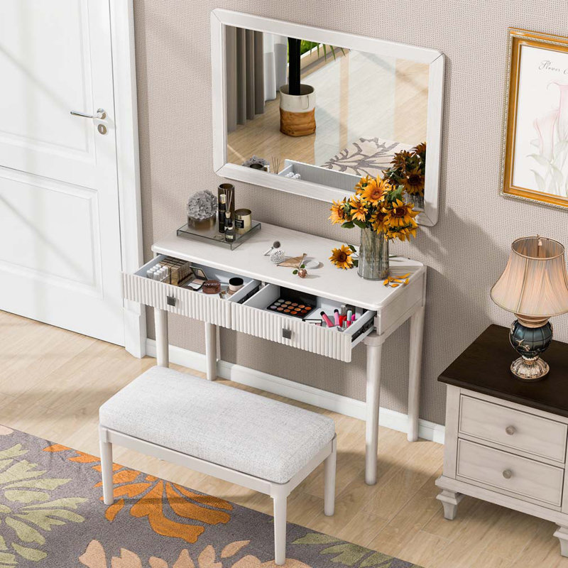 Bureau de coiffeuse moderne avec miroir, ensemble de table de maquillage pour adultes avec tabouret, bureau à domicile, 2 grands tiroirs, blanc