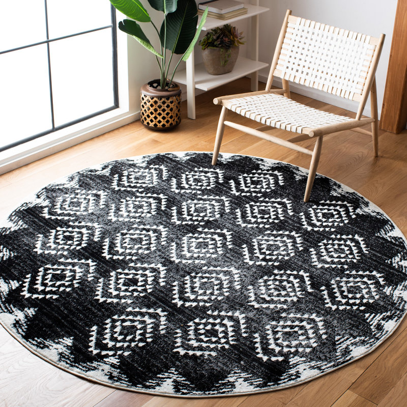 Gonsales Geometric Black / Ivory Powe Loomed Rug, Round 6'7"