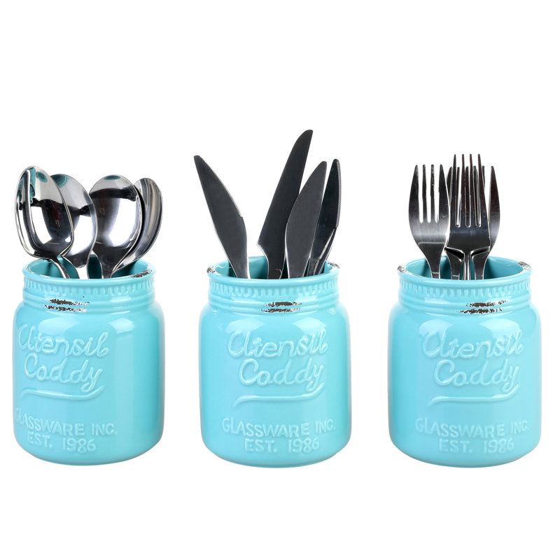 Ceramic / Porcelain Round Utensil Crock, Aqua Blue