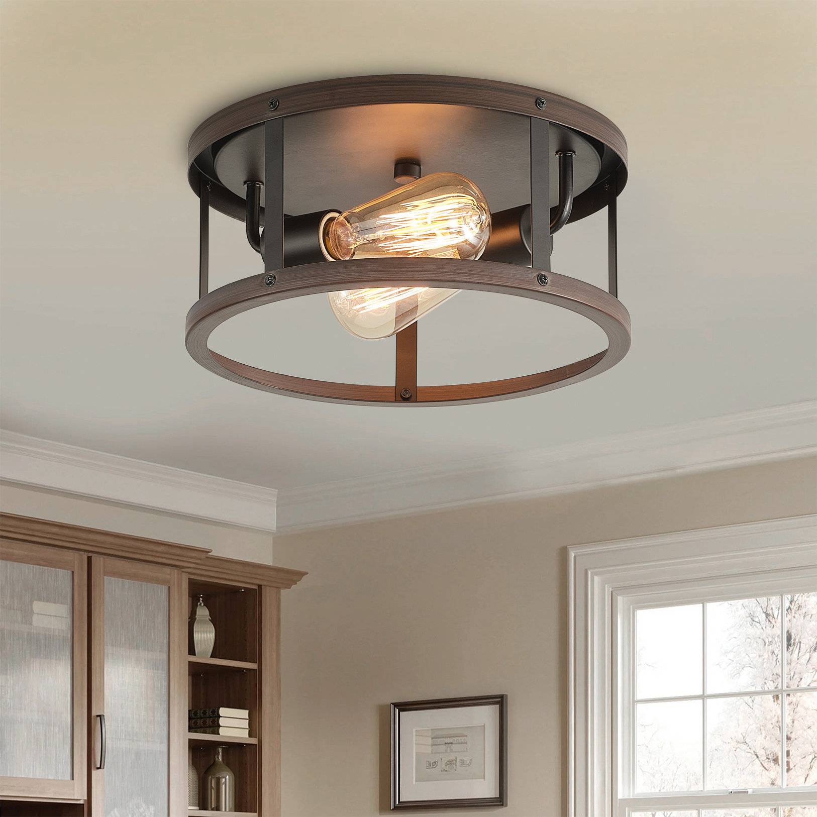 17 Stories 2-Light Brown Finish Rust Farmhouse Flush Mount Light | Wayfair