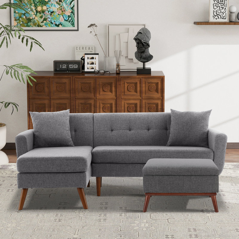  Ensemble de canapé modulaire avec méridienne de 80 po de large avec repose-pieds capitonné, Lin gris