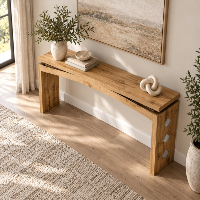 Console minimaliste et moderne à motif géométrique incrusté, profil mince, idéale pour une entrée, un corridor ou un dossier de canapé.