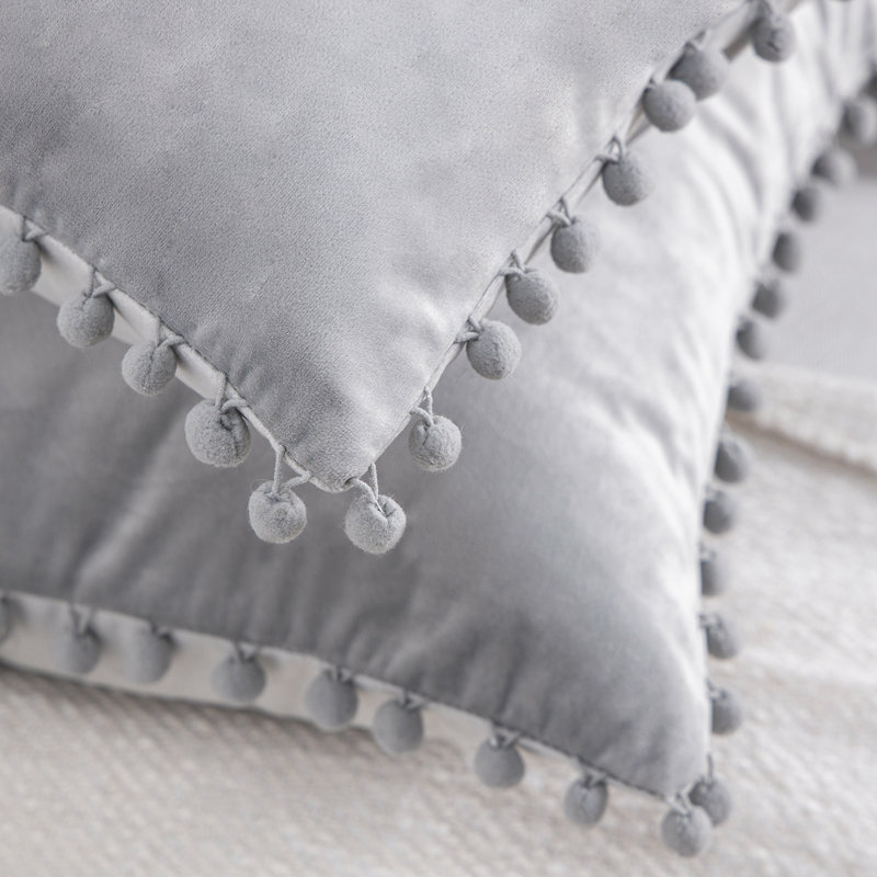 Light Gray Velvet Pom Pom Euro Throw Pillows Set