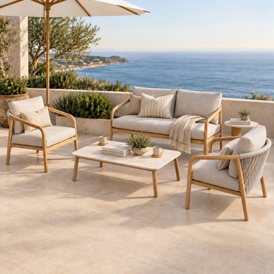 5-Piece Modern Aluminum Outdoor Patio Conversation Set with Cushions and Stone-Top Table