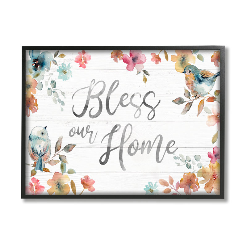 «Bless Our Home» saluant des oiseaux à l'aquarelle, H 11 po x l 14 po, Giclée encadrée noir minuit