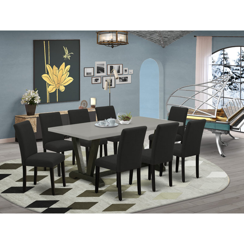 9-Piece Table Set Consists of a Cement Wooden Table and 8 Black Linen Fabric Padded Chairs with High Back - Wire Brushed Back Finish